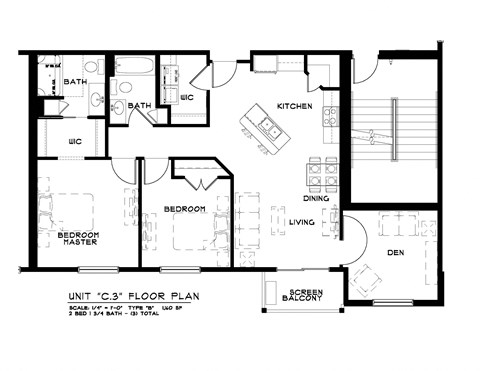 Floor plan for 2 beds, 2 baths, 1160 sqft